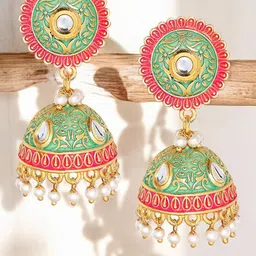 OOMPH Dome Shaped Kundan Meenakari Jhumkas-image-39