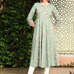 DECKEDUP Floral Printed Round Neck Pure Cotton Anarkali Kurta-image-27