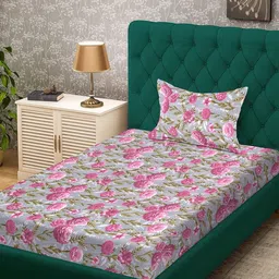 KLOTTHE Grey & Pink Floral 300 TC Single Bedsheet with 1 Pillow Covers-image-21