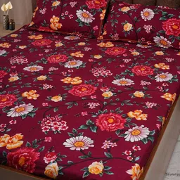 Adwitiya Maroon & Red Floral 210 TC Double Queen Bedsheet with 2 Pillow Covers-image-48
