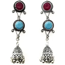 Yash Jewels Emporiums Silver-Plated Artificial Stones Studded Oxidised Dome Shaped Jhumkas-image-80
