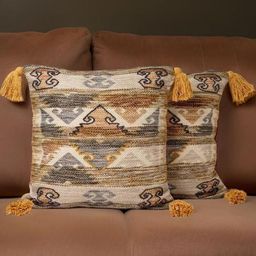 Aura Beige And Grey 2 Pieces Ethnic Motifs Textured Square Cushion Covers-3