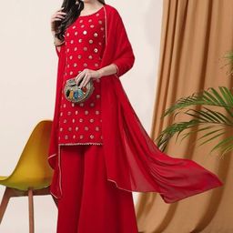 PARROT CREATION Geometric Embroidered Sequinned Georgette Kurti with Sharara And Dupatta-image-97