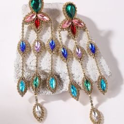 StyleCast Gold-Plated Rhinestone Studded Tasselled Teardrop Shaped Drop Earrings-image-10