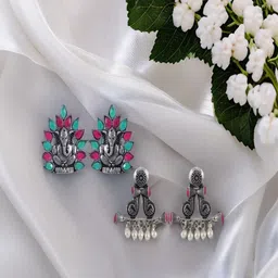 Sangria Set Of 2 Silver Plated Stone Studded Ganesh & Peacock Stud Earrings-1