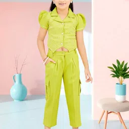 Lei-Chie Girls Embroidered Puff Sleeves Linen Shirt With Cargo Pant Set-picture-18