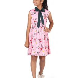 SILK SPARROW Kids-Girls Floral Print Tie-Up Neck Crepe Fit & Flare Dress-image-15