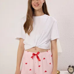 Trendyol Pack Of 2 Heart Printed Ruffled & Ribbon Bow Detail Lounge Shorts-picture-16