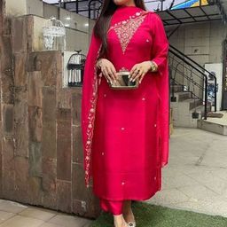 Moda Rapido Embroidered Straight Thread Work Chanderi Silk Kurta With Trouser & Dupatta-image-49