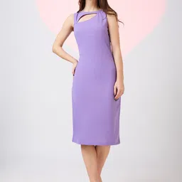 Globus Women Lavender Cut Out Detail Boat Neck Solid Back Slit Midi Sheath Party Dress-picture-15