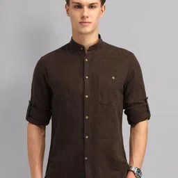 AD By Arvind Men Mandarin Collar Textured Solid Cotton Slim Fit Casual Shirt-image-2