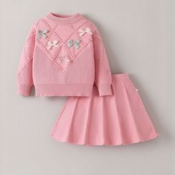 Hopscotch Girls 2 Pcs Pink Bow Embellished Woolen Sweatshirt & Skirt Set-picture-17