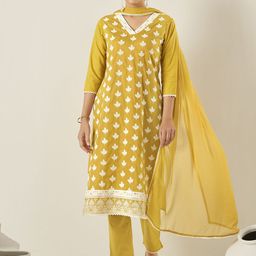 Anouk Mustard Yellow Ethnic Motifs Embroidered V-Neck Cotton Kurta with Trousers & Dupatta-38