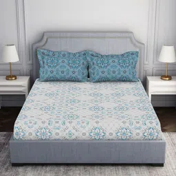SPACES Blue & White Geometric Pure Cotton 144 TC Queen Bedsheet with 2 Pillow Covers-95