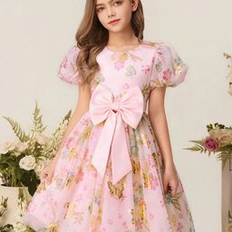 BAESD Floral Print Puff Sleeve Layered A-Line Dress-picture-37