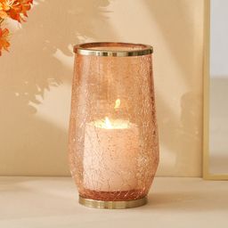 Home Centre Transparent & Peach Textured Clear Glass Crackle Hurricane Candle Holder-0