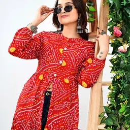 VASUPRADA Bandhani Printed Front High Slit Mandarin Collar A-Line Kurta-picture-28