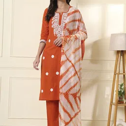 DRUPH & CO Women Floral Embroidered Cotton Kurta with Trousers & Dupatta-24