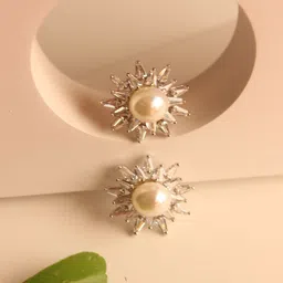 RAGABANDHA DESIGN STUDIO Silver-Plated Stones Studded & Pearls Beaded Circular Studs-0