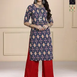 HERE&NOW Selection Of 3 Ethnic Motifs Printed Round Neck Straight Kurtas-image-79