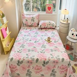 JC HOME Pink & Green Floral Cotton 220 TC Super King Bedsheet Set-2.3 m x 2.50 m-image-63