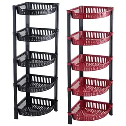 Kuber Industries Black & Brown 5 Tier Folding Plastic Fruit & Vegetable Basket Standss-50