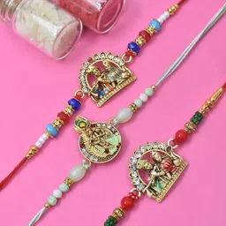 MEIRA JEWELLERY Set Of 3 Radha Krishna Rakhi With Greeting Card & Roli Chawal-image-41