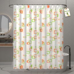 Aura 5-Pcs White & Green Block Printed Waterproof ShowerCurtainWithHooks-12