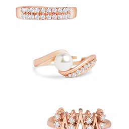 zaveri pearls AMI Set Of 3 Rose Gold-Plated & White CZ-Studded & Beaded Adjustable Finger Rings image 2