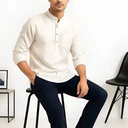 Ethnicity Men Band Collar Roll-Up Sleeves Straight Short Kurta-picture-0