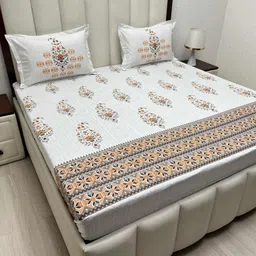 Pure Decor Royal Velar White Printed Pure Cotton 400 TC King Bedsheet Set-2.74 m x 2.74 m-picture-36