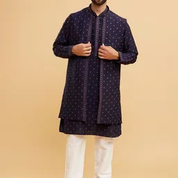 Twamev Floral Embroidered Mandarin Collar Thread Work Kurta With Trousers & Jacket-image-96