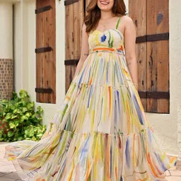 KALINI Shoulder Strap Printed Georgette Maxi Dress-image-9
