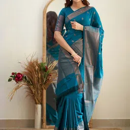 KALINI Women Blue Woven Design Silk Blend Banarasi Saree-image-95