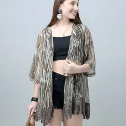 PURYS Women Printed Tasselled Longline Shrug-11