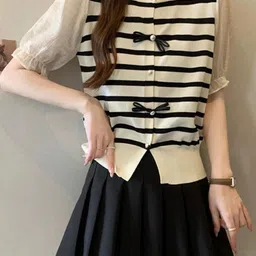 KPOP Women Round Neck Short Sleeves Horizontal Stripes Top-picture-20