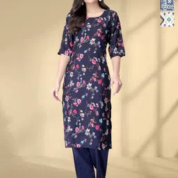 HERE&NOW Selection Of 3 Floral Printed Round Neck Straight Kurtas-picture-34