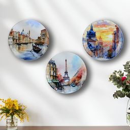 Maison Modern White & Blue Cities Printed Iron Round Wall Plates-image-32