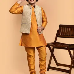 PRINTCULTR Boys Mandarin Collar Straight Kurta With Churidar And Woven Design Nehru jacket-33