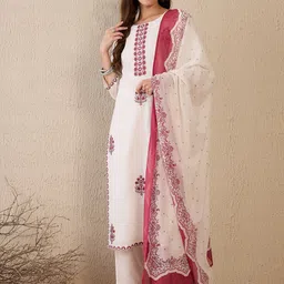 Indo Era Women Floral Embroidered Regular Thread Work Pure Cotton Kurta with Trousers & With Dupatta-picture-22