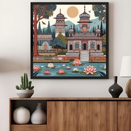 999Store Blue & Pink Indian Art Raj Mahal With Garden And Lotus Canvas Painting Wall Art-image-66