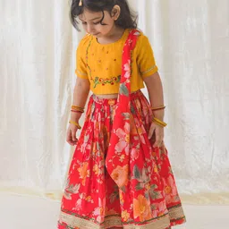 Tiber Taber Girls Embroidered Pure Cotton Ready to Wear Lehenga & Blouse With Dupatta-48