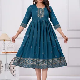 Sanganeri Kurti Ethnic Motifs Print Fit & Flare Midi Dress-image-56