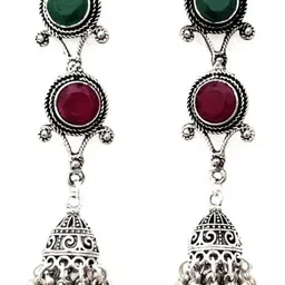 Yash Jewels Emporiums Silver-Plated Artificial Stones Studded Oxidised Dome Shaped Jhumkas-image-78
