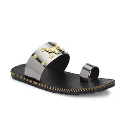 LEEPEETER Men Black Embellished Leather One Toe Flats-24
