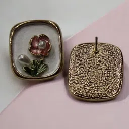 ADC SHEMONA Gold-Plated Square Shaped Floral Artificial Stones Studded Studs-4