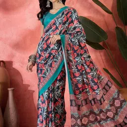 Sangria Floral Printed Saree With unstitched Blouse Piece-picture-6
