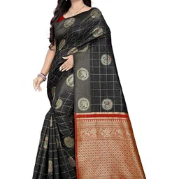 KAVINDI Ethnic Motifs Woven Design Zari Silk Cotton Banarasi Saree-image-41