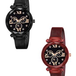Gopal Shopcart Unisex Set of 2 Analogue Watch Mina black Dial Black Red maganet-image-73