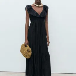MANGO Vertically Self-Striped Ruffled Detail Plunge Neck Maxi Fit & Flare Dress-image-65